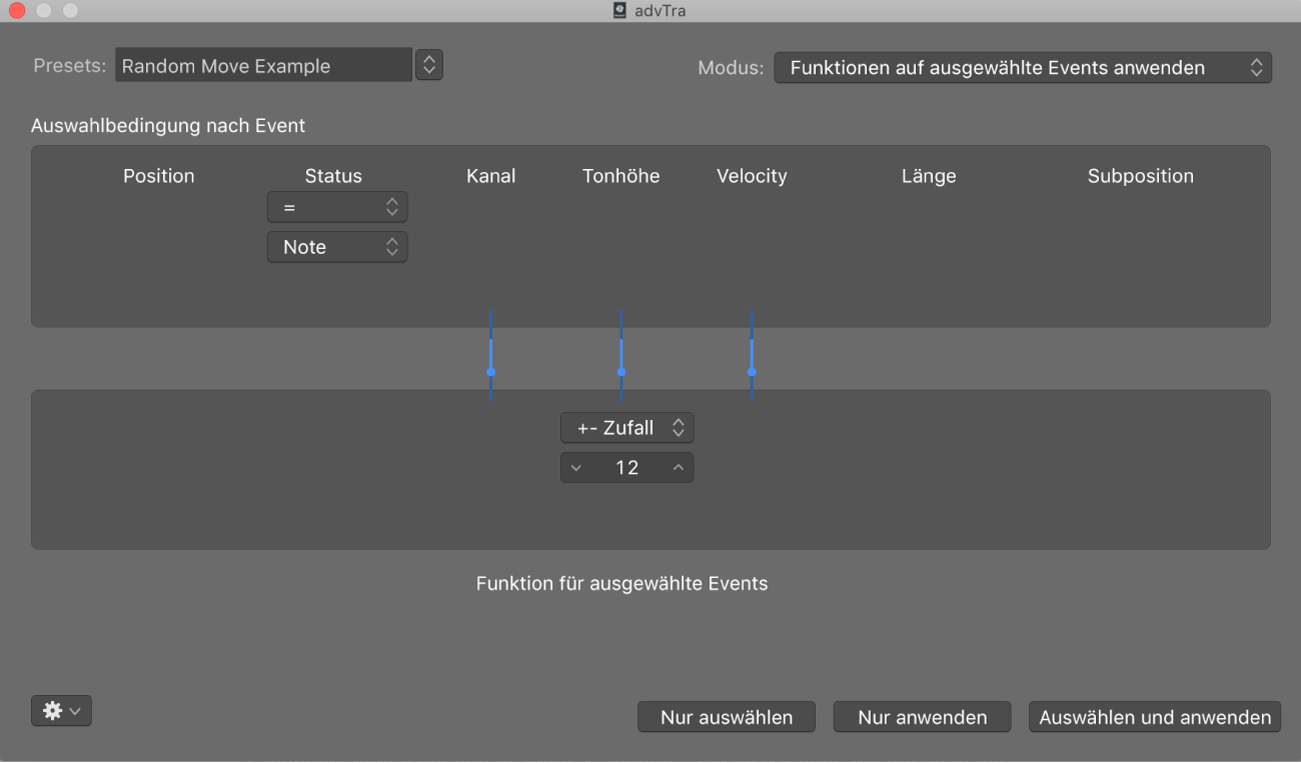 Abbildung. Transformer-Fenster mit Einstellungen zum Transformieren von MIDI-Noten-Events in Events des MIDI-Controller 1