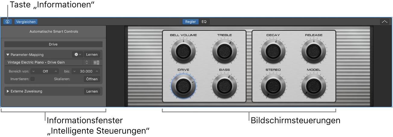 Abbildung. Bereich „Smart Controls“ mit Bildschirmsteuerungen und Informationsfenster