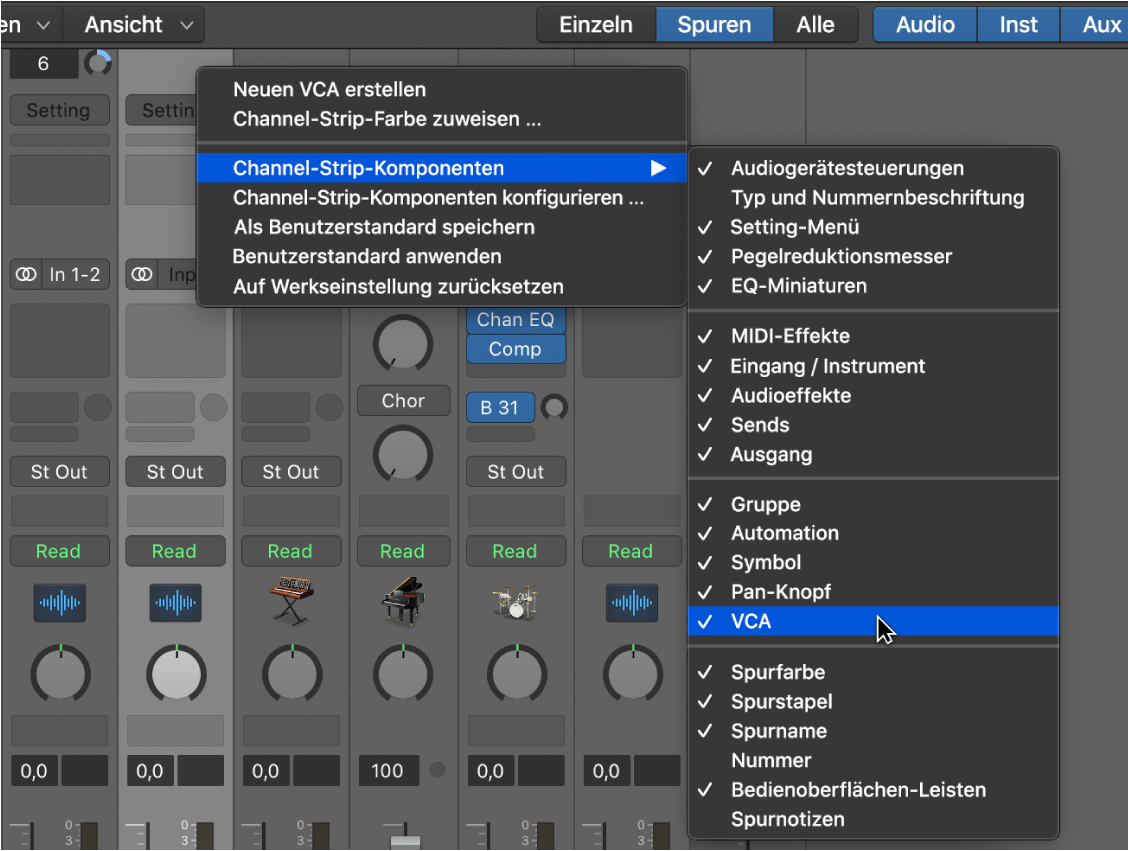 Abbildung. Einblendmenü „Channel-Strip-Komponenten“