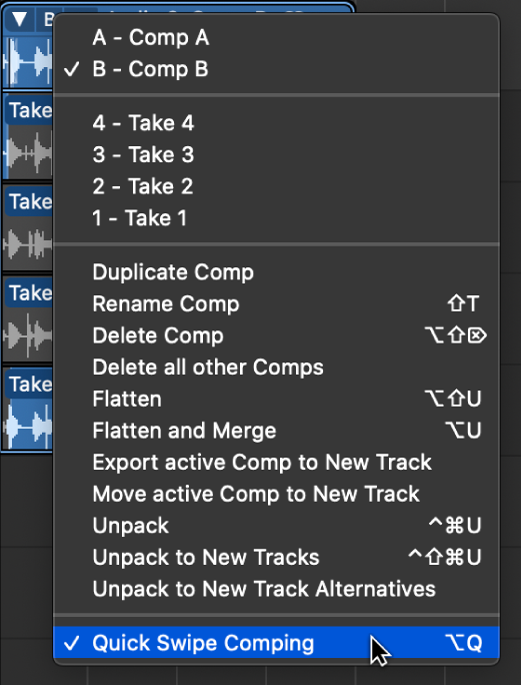 Figure. Selecting Quick Swipe Comping in the pop-up menu.
