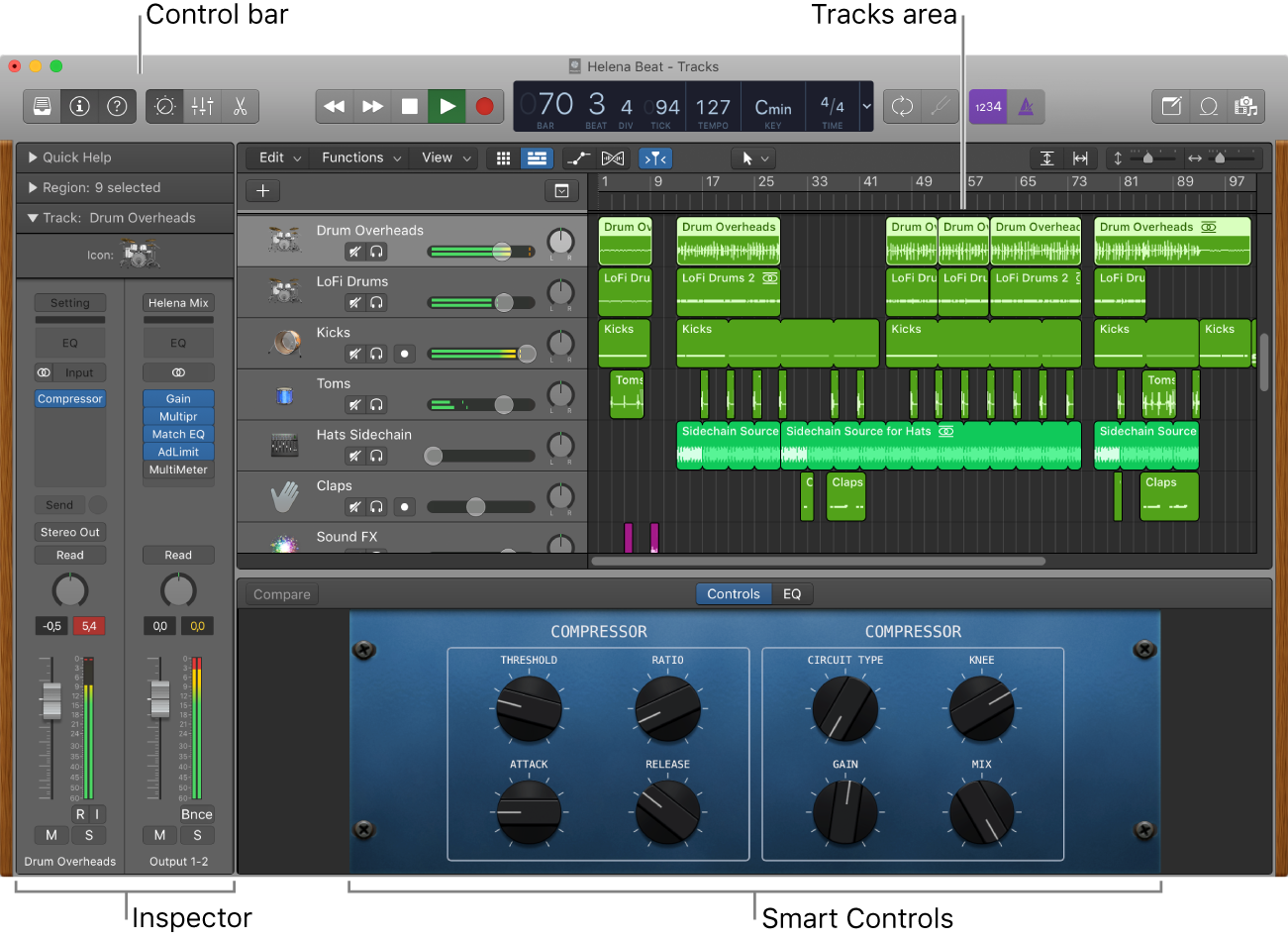 Figure. Logic Pro main window with main working areas.