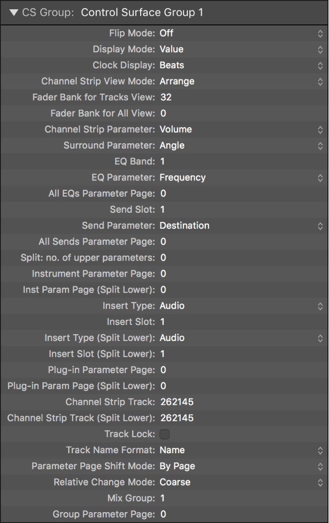 Figure. Control Surface Window Group Parameters.