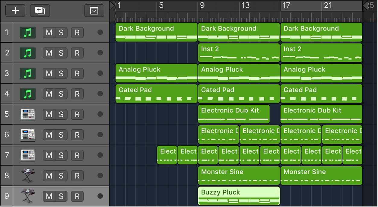 Figure. Regions dragged inside a folder track.