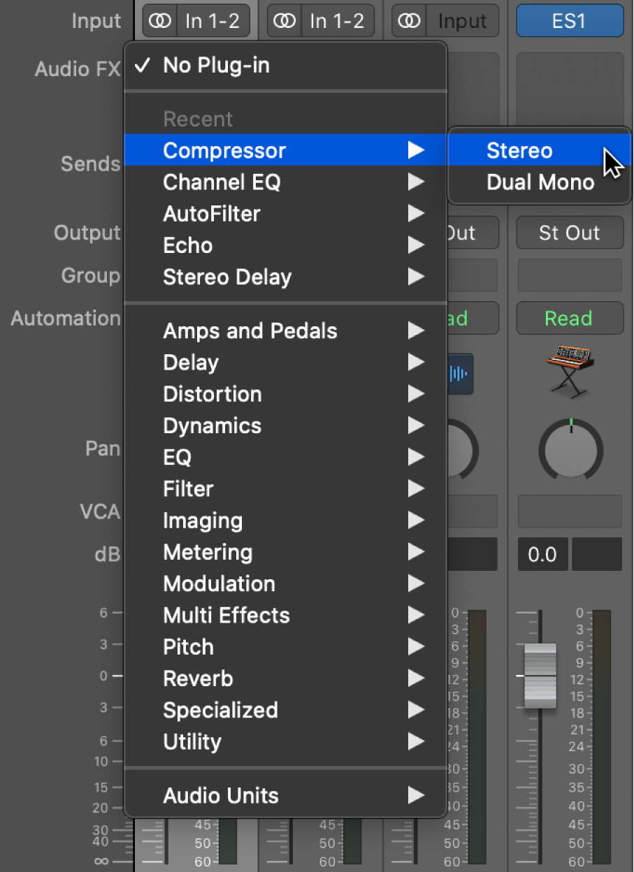 Figure. Choosing an audio effect from the pop-up menu.