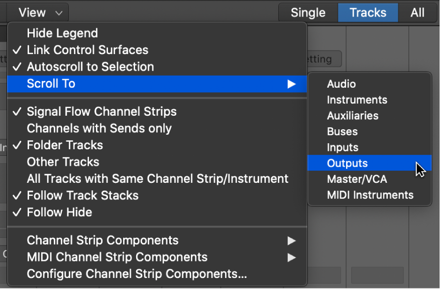 Figure. Scroll To submenu of the Mixer’s View menu.