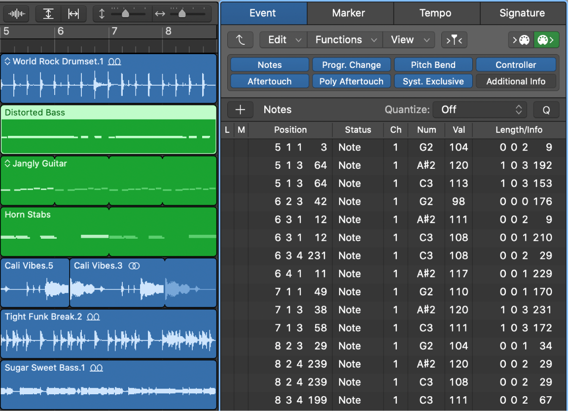 Figure. Event List tab showing all events in selected MIDI region.