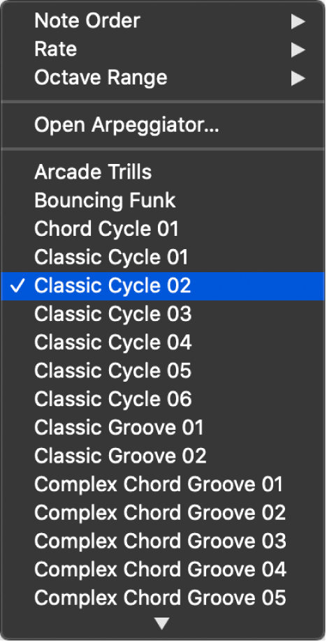 Figure. Arpeggiator pop-up menu in the Smart Controls menu bar.