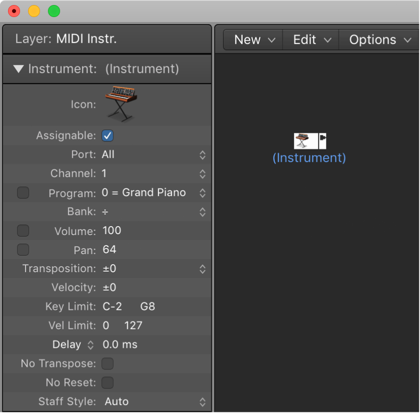 Figure. Environment window showing a standard instrument object and its inspector.