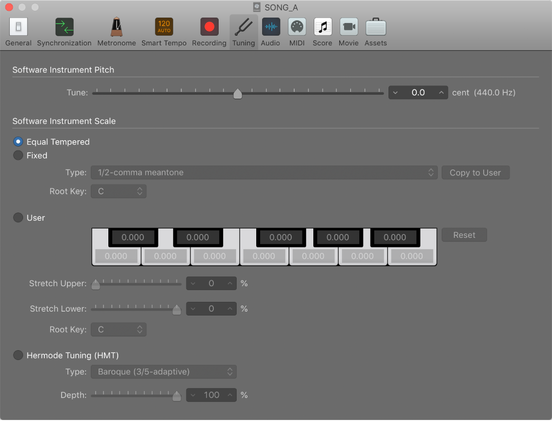 Figure. Tuning settings.