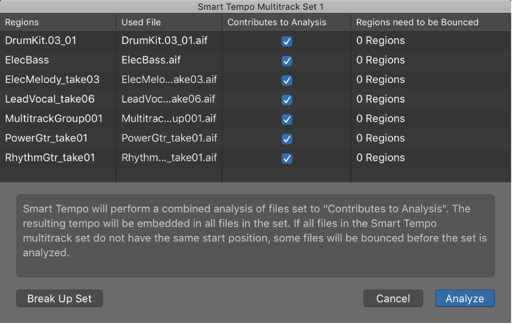 Figure. Smart Tempo Multitrack Set window showing the audio files used in the multitrack set.