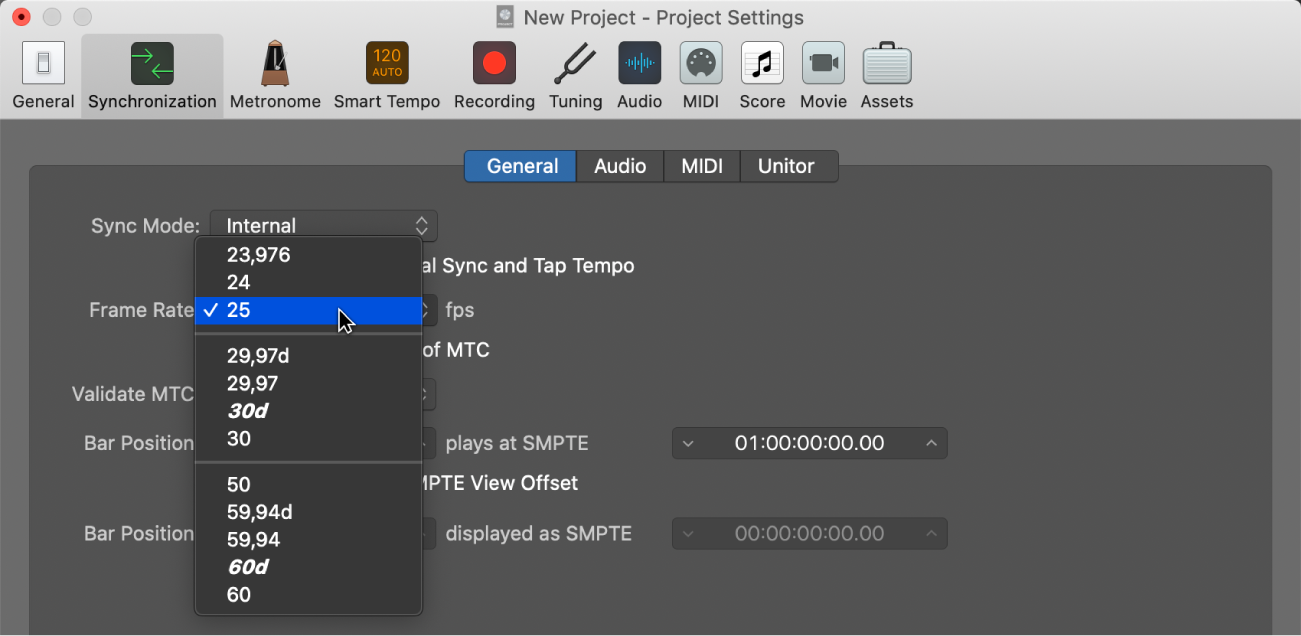 Figure. Synchronization project settings showing Frame Rate pop-up menu.