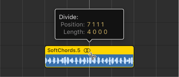 Figure. Splitting a region in the Tracks area using the Scissors tool.