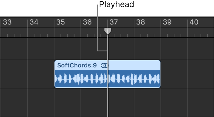 Figure. Splitting a region in the Tracks area using the playhead.