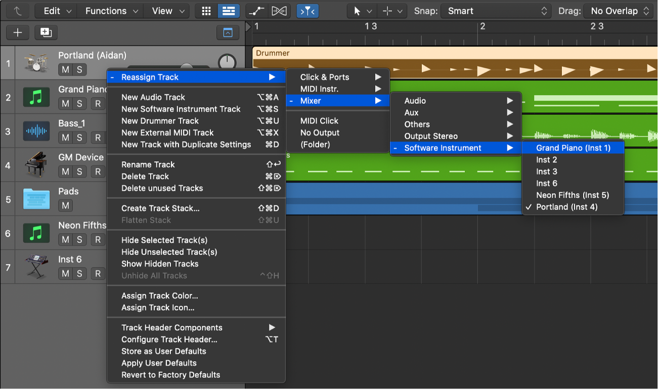 Figure. Reassign Track shortcut menu showing destinations.