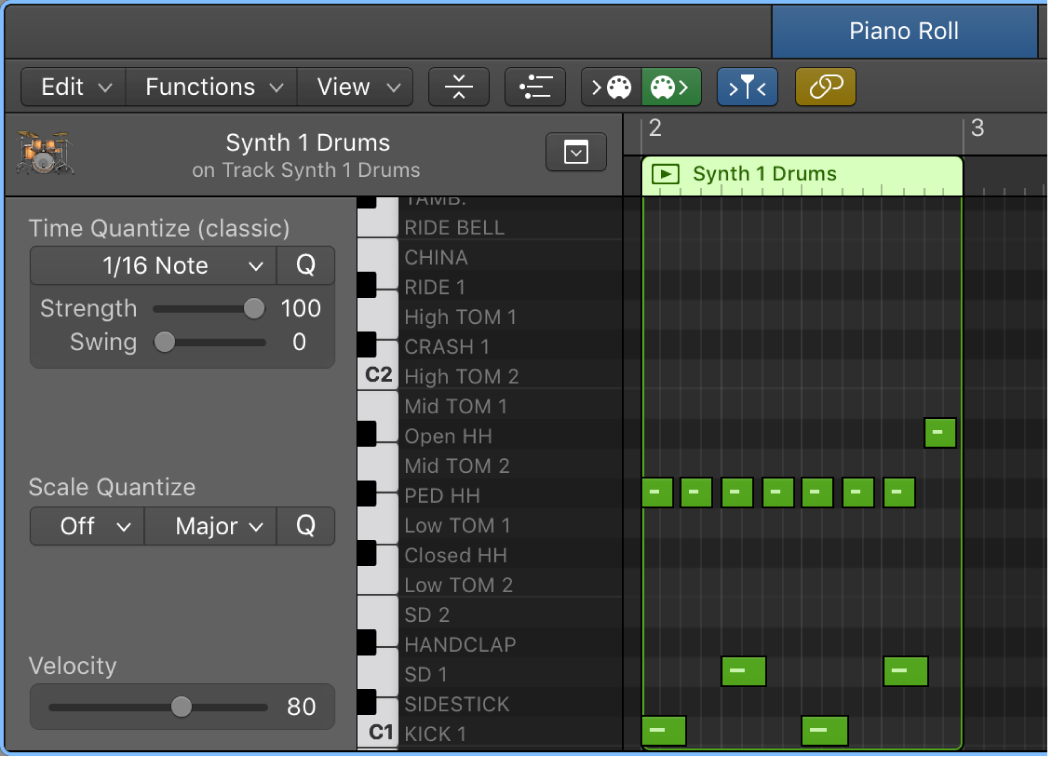 Figure. Piano Roll Editor showing names of notes on the vertical keyboard.