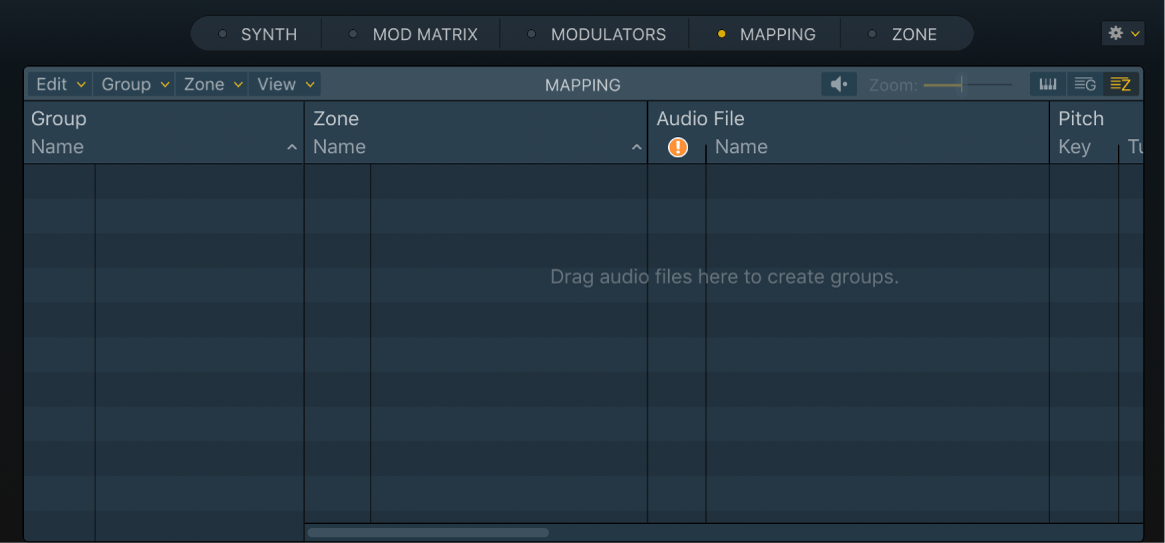  Figure. Empty Sampler Zone view, showing Drag audio files here message.