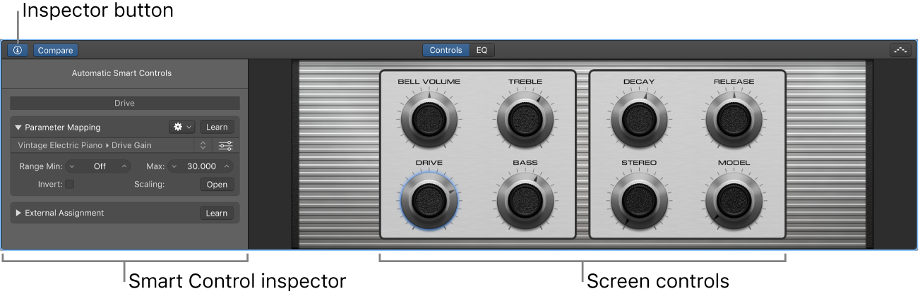 Figure. Smart Controls pane showing screen controls and inspector.