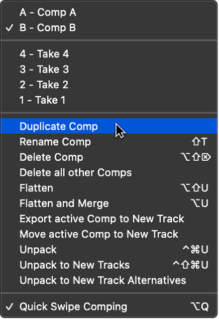 Figure. Choosing Duplicate Comp from the pop-up menu.