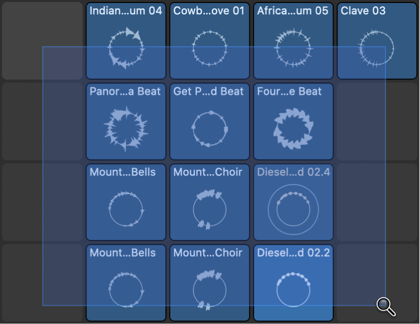 Figure. Live Loops grid showing a cell selection with the Zoom tool.