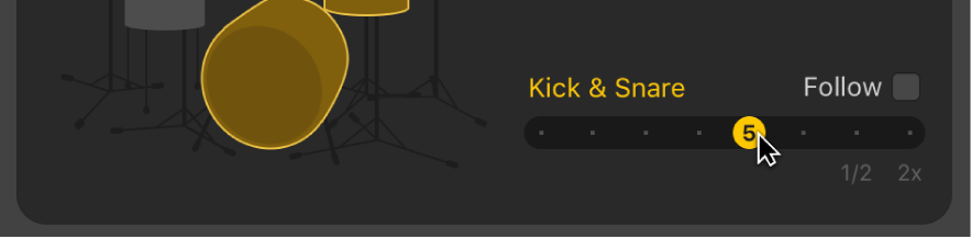 Figure. Dragging the Kick & Snare slider in the Drummer Editor.