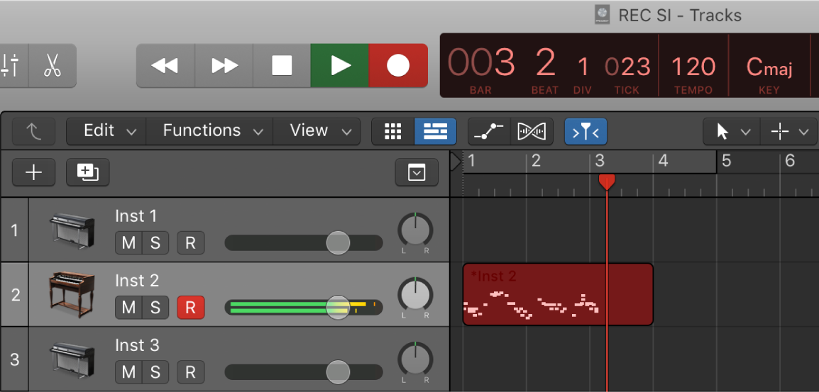 Figure. Showing a recorded MIDI region in red in the Tracks area.