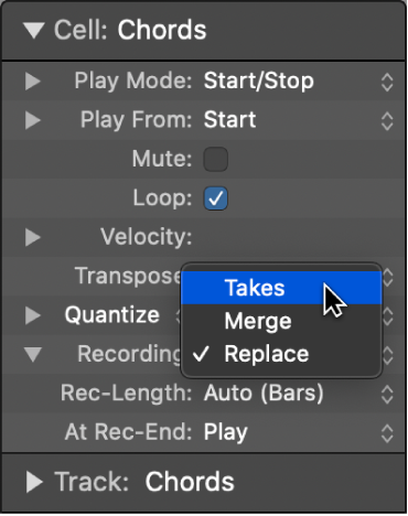 Figure. Recording pop-up menu in the Cell inspector showing the Recording modes.