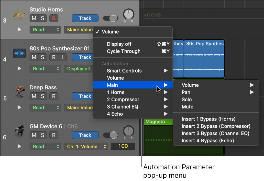 Figure. Showing the Automation Parameter pop-up menu open.