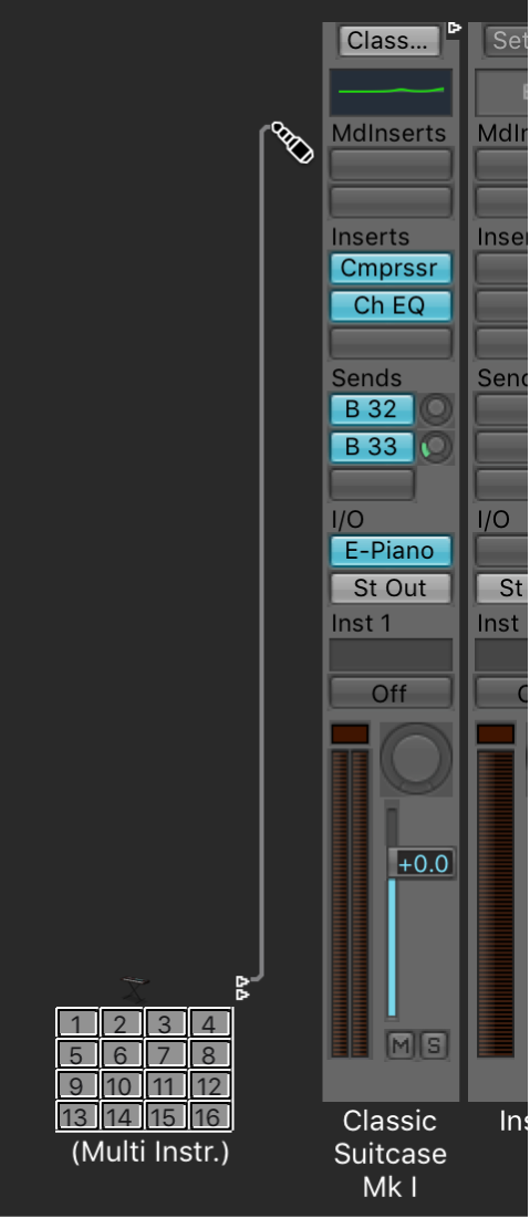 Figure. Cabling the mapped instrument to the software instrument channel strip in the Environment window.