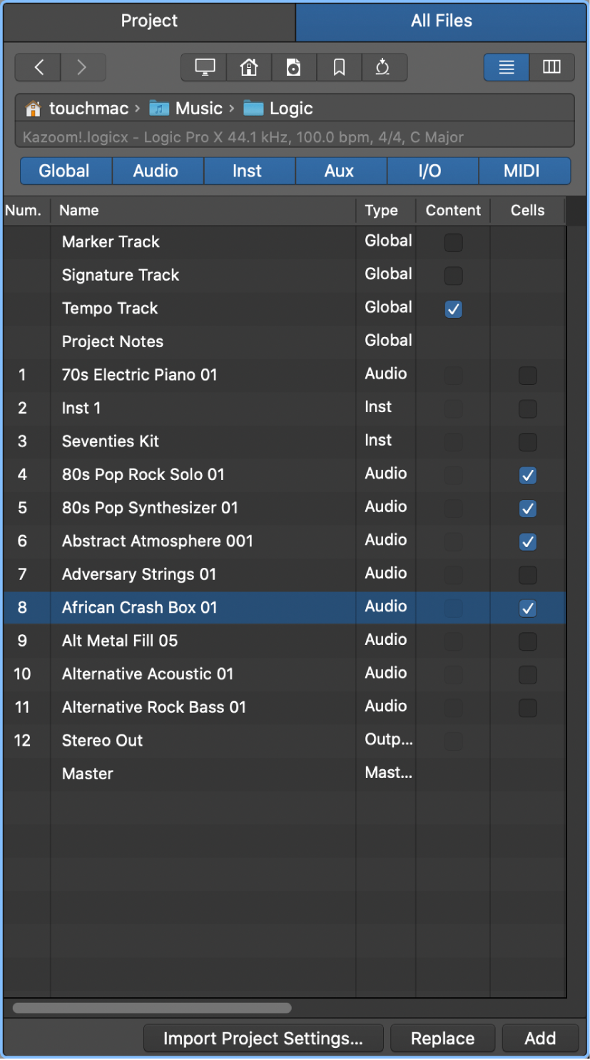 Figure. Track Import view in the All Files Browser.