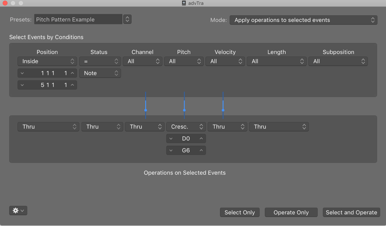 Figure. Transform window showing settings to create an ascending pitch pattern from notes of one pitch.