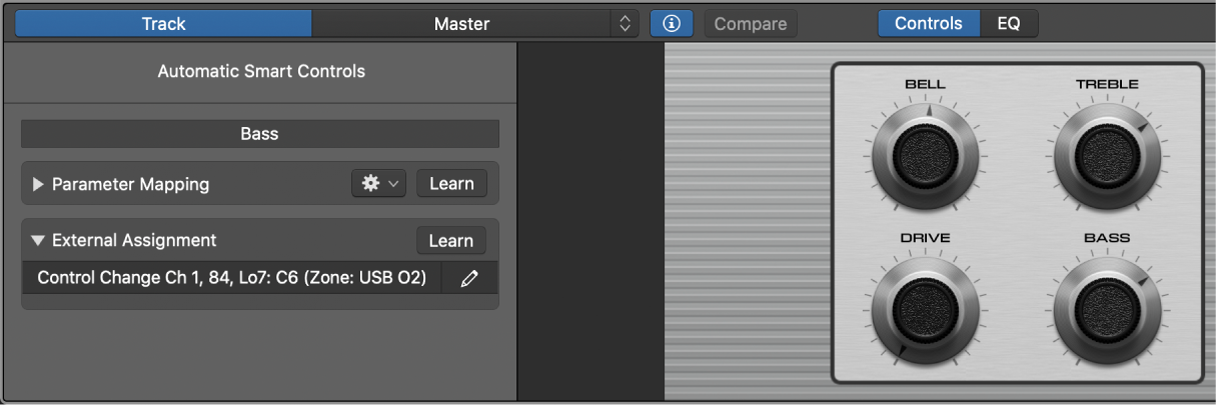 Figure. Smart Control inspector open, showing External Assignment area