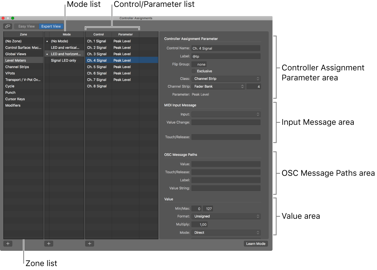 Figure. Controller Assignments window in expert view mode.