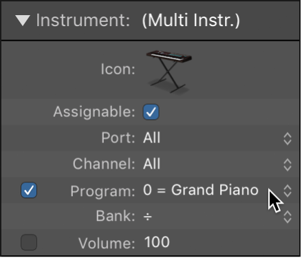 Figure. Standard instrument object inspector showing the Program parameter and checkbox.