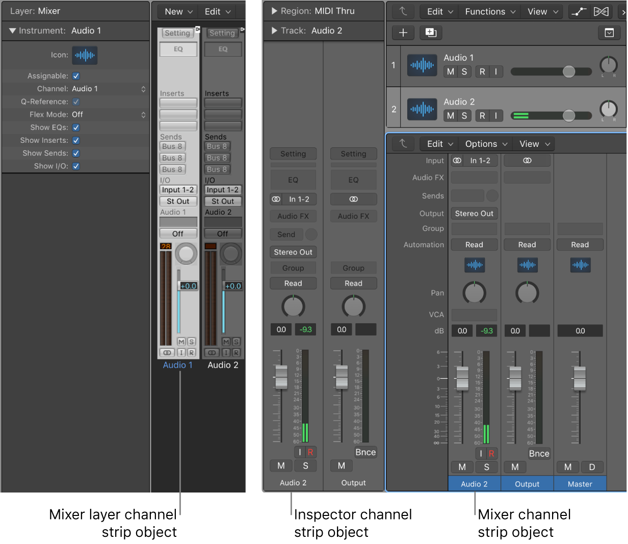 Figure. Showing channel strip objects in the Environment’s Mixer layer and in the main window’s Mixer and inspector.