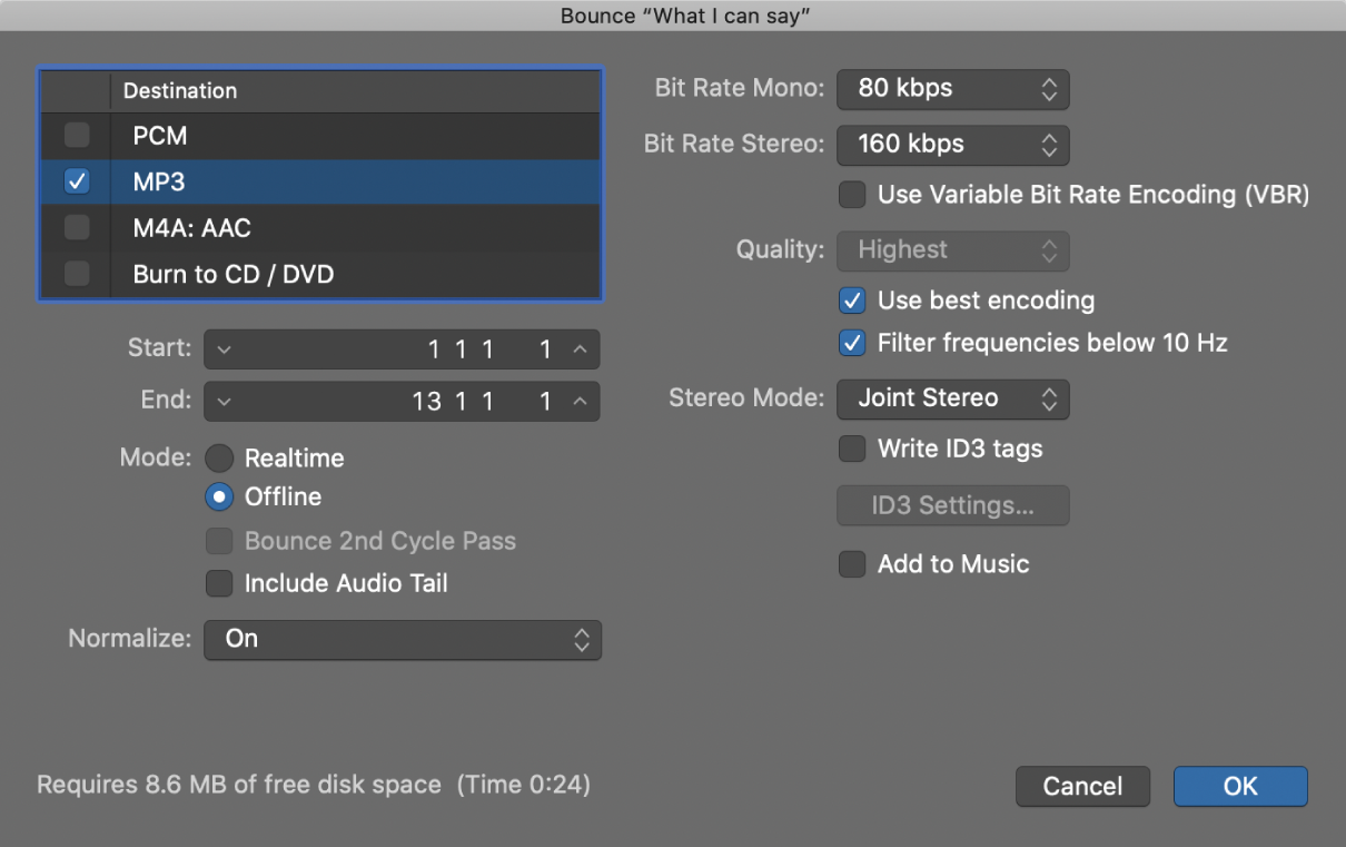 Figure. MP3 options in the Bounce window.