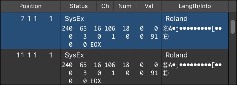 Figure. Event List showing sysex events.