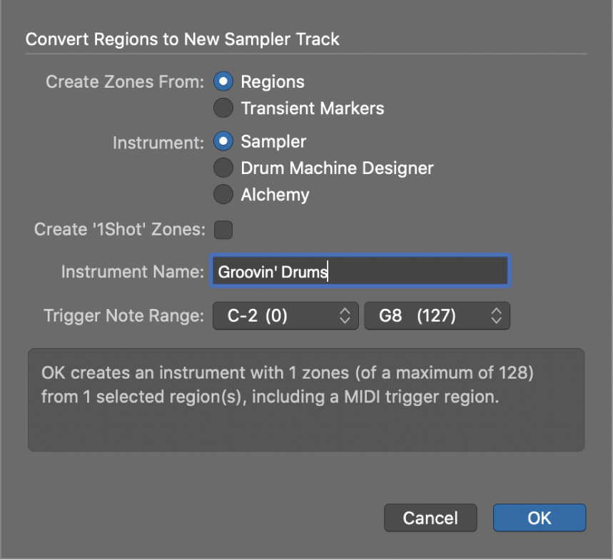 Figure. Convert Regions to New Sampler Track dialog.