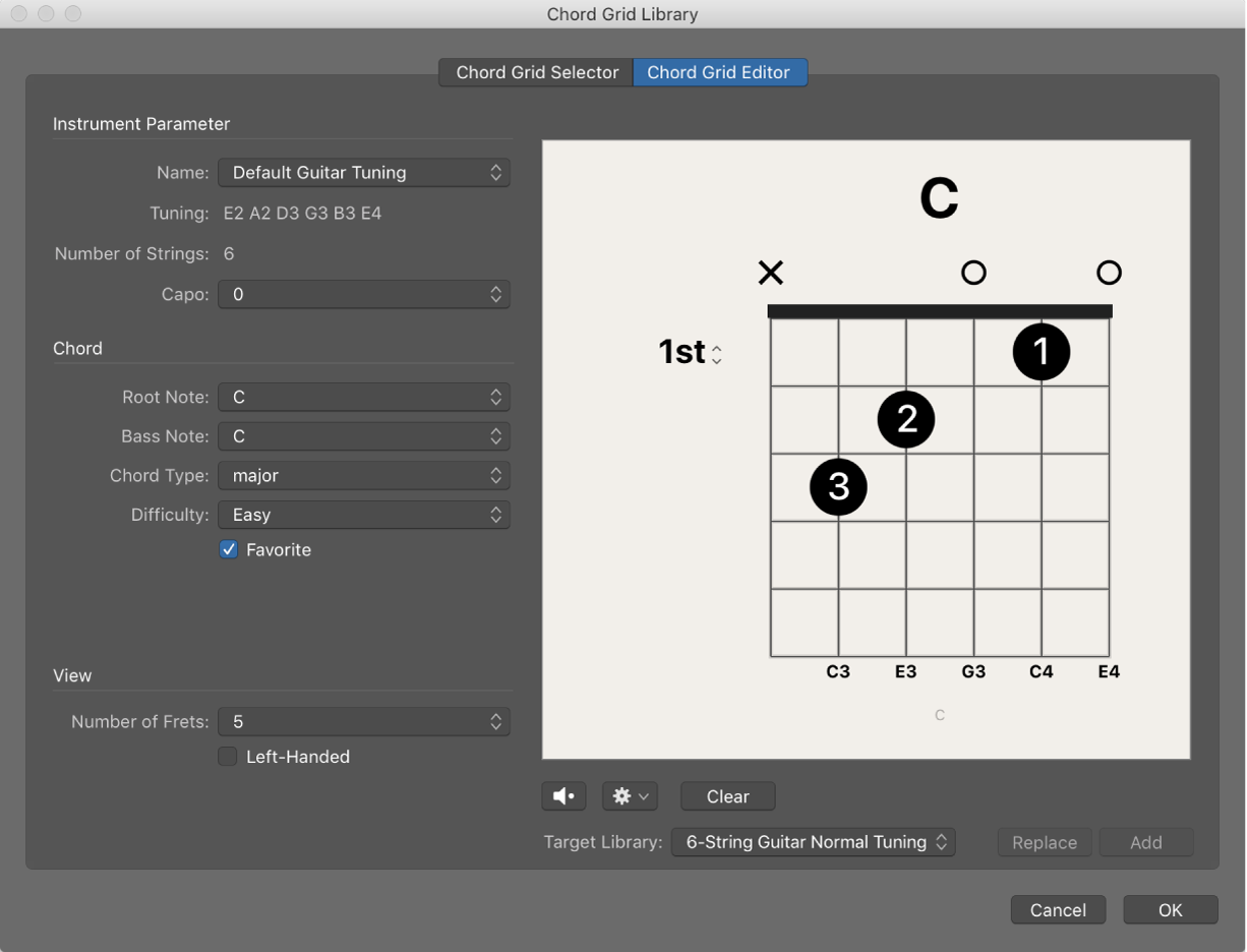 Figure. Chord Grid Editor pane in the Chord Grid Library window.