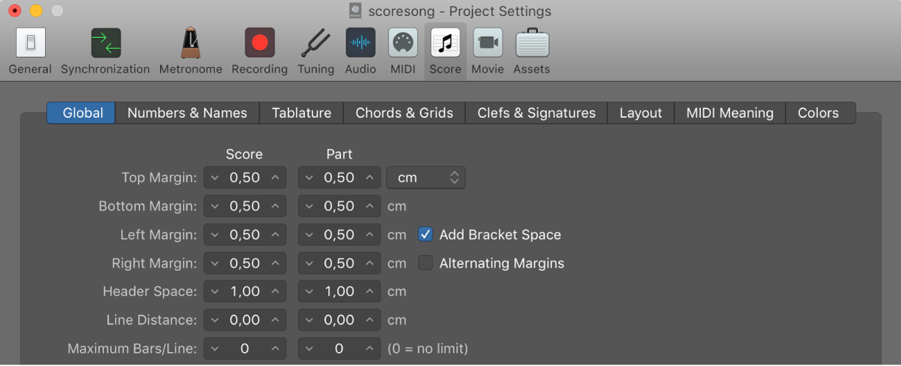 Figure. Global pane in the Score project settings.