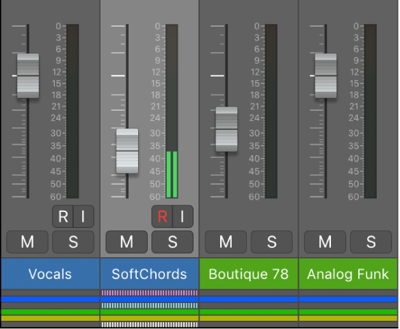 Figure. Control surface bars at the bottom of channel strips.