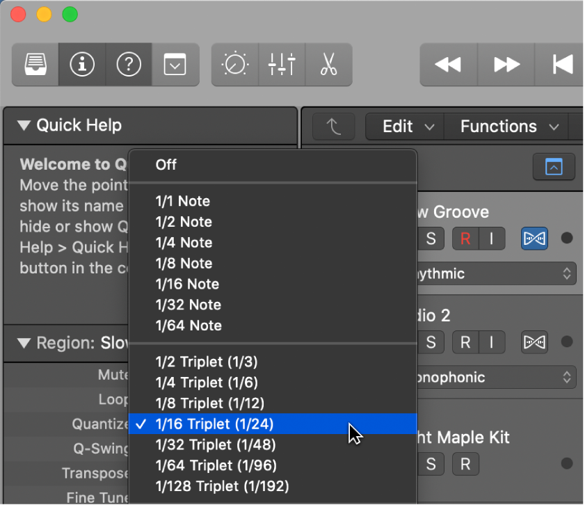 Figure. Quantize pop-up menu in the Region inspector.