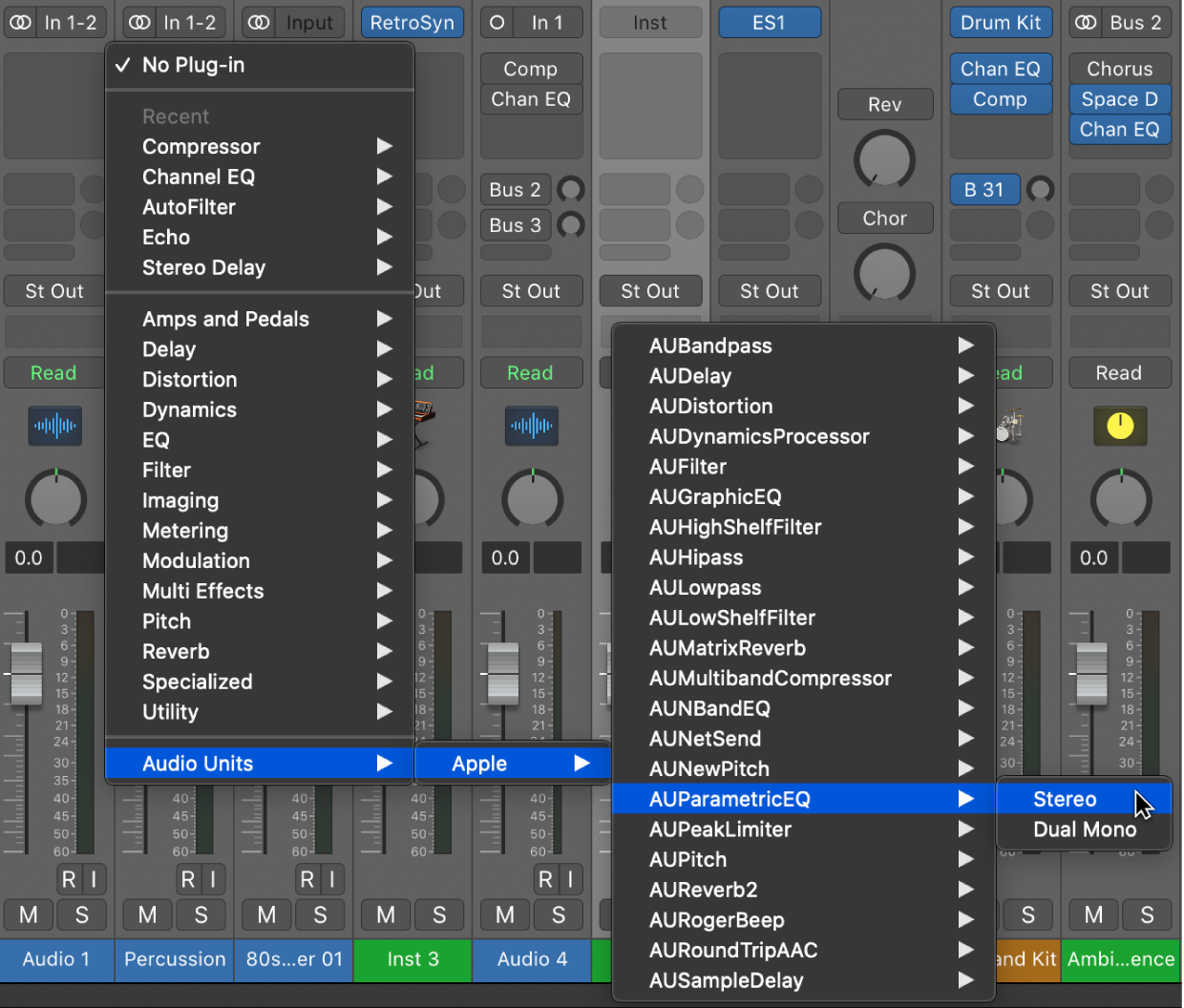 Audio Units submenu in the Plug-ins menu.