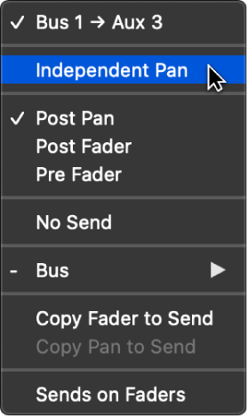 Figure. Independent Pan mode in Send pop-up menu.