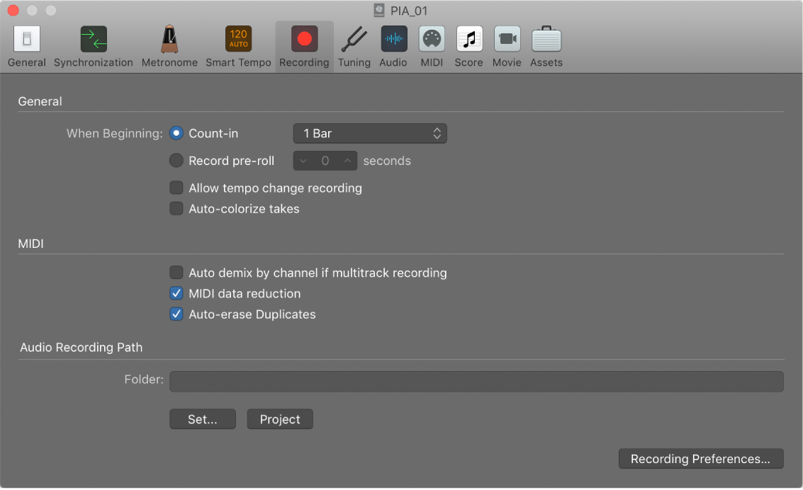 Figure. Recording settings.