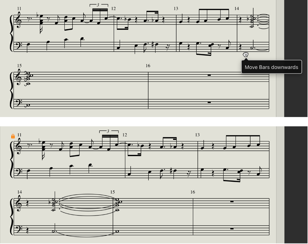 Figure. Moving bars of a staff system in Page view.