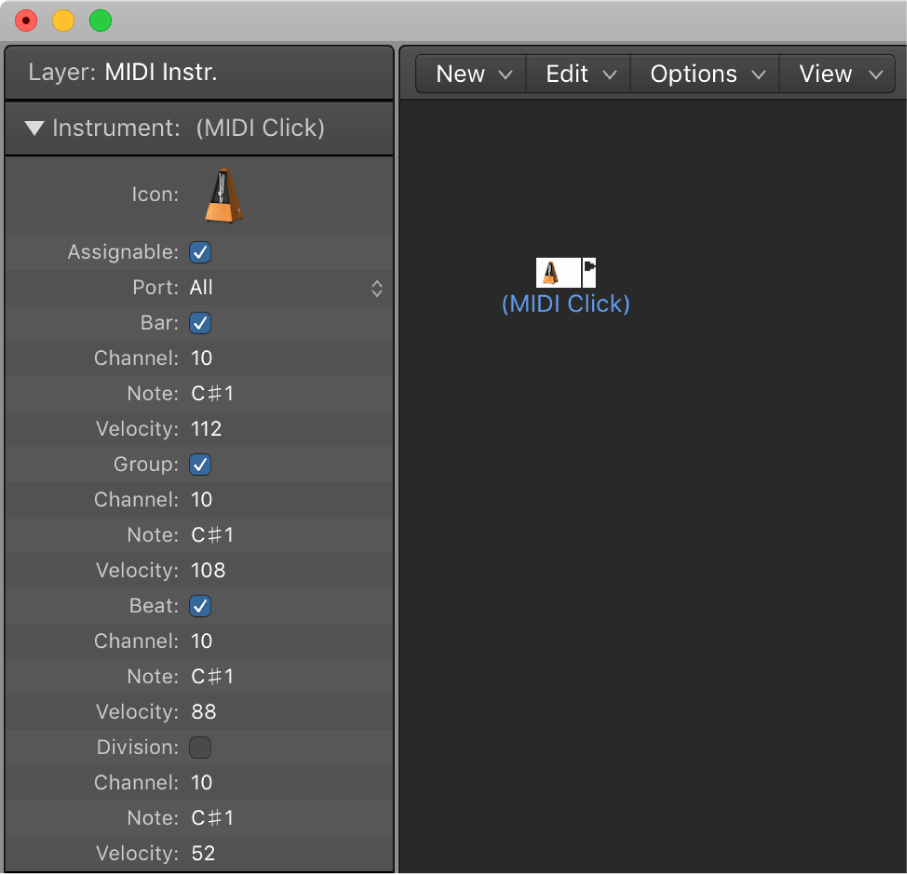 Figure. Environment window showing a MIDI click object and its inspector.