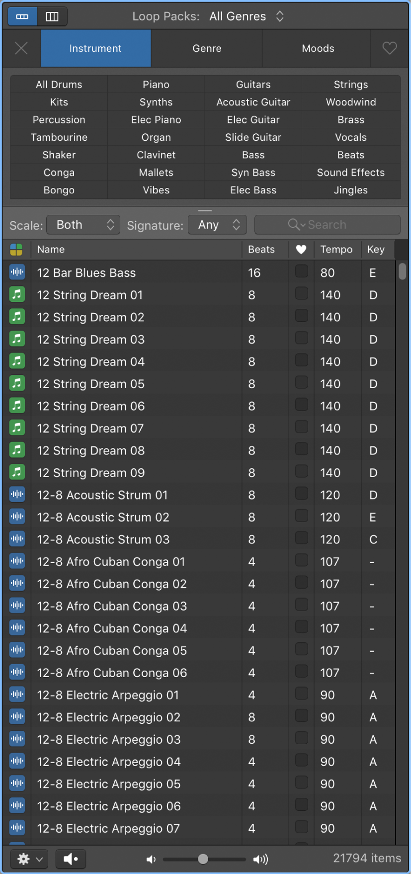 Figure. The Loop Browser, showing keyword buttons and matching loops in the Results list.