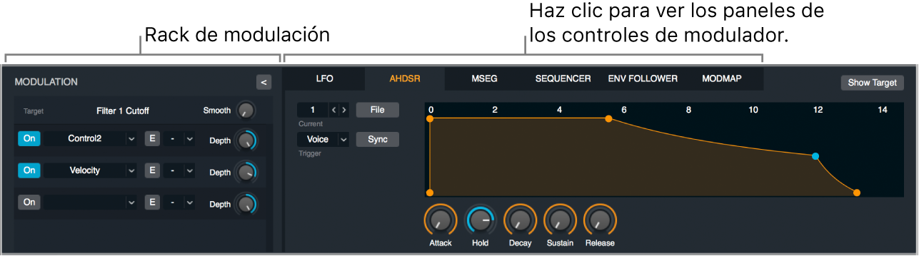 Ilustración. Sección de modulación que muestra el rack de modulación, los botones del panel de control del modulador y el panel de control del AHDSR.