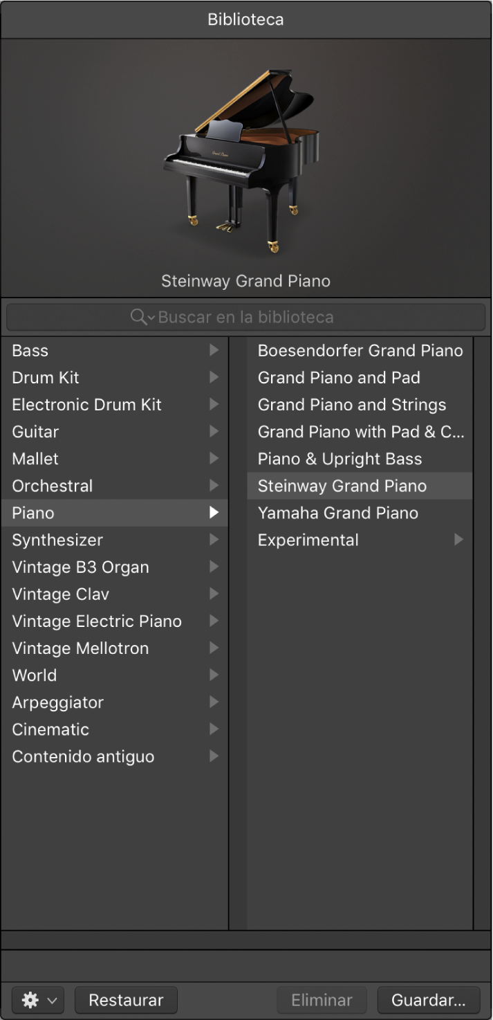 Ilustración. Biblioteca con la categoría Piano y un patch de piano de cola seleccionado.