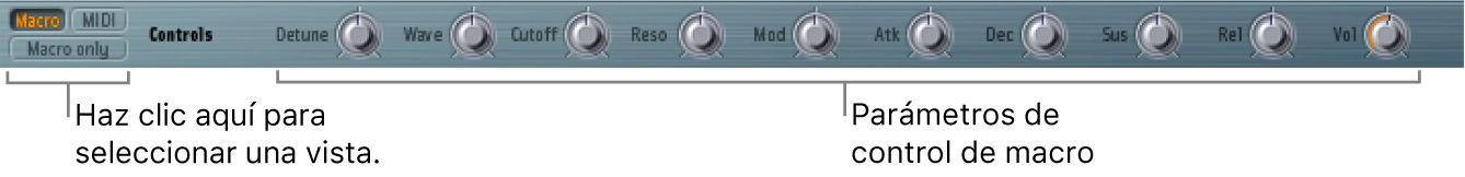 Ilustración. Botones de modo de visualización y parámetros de control de macro.